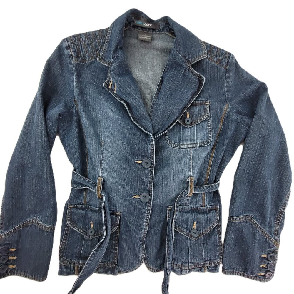 90s French Cuff Jacket Women's L Blue Denim Cotton Belted Pockets Great Details